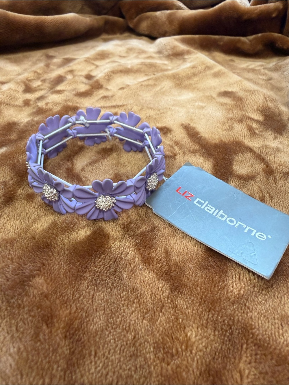 Liz Claiborne Lilac Floral Stretch Bracelet with Rhinestone Centers